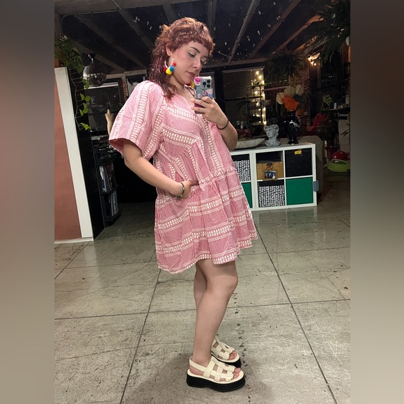 🟠 94B. Embroidered Stripe Detail Gingham Mini Dress - Red - Picture 3 of 13